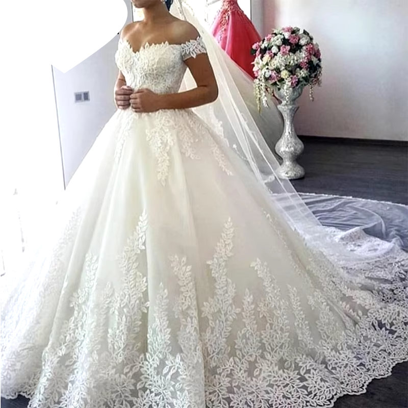 Bridal White off the Shoulder Plus Size Wedding Dress Train