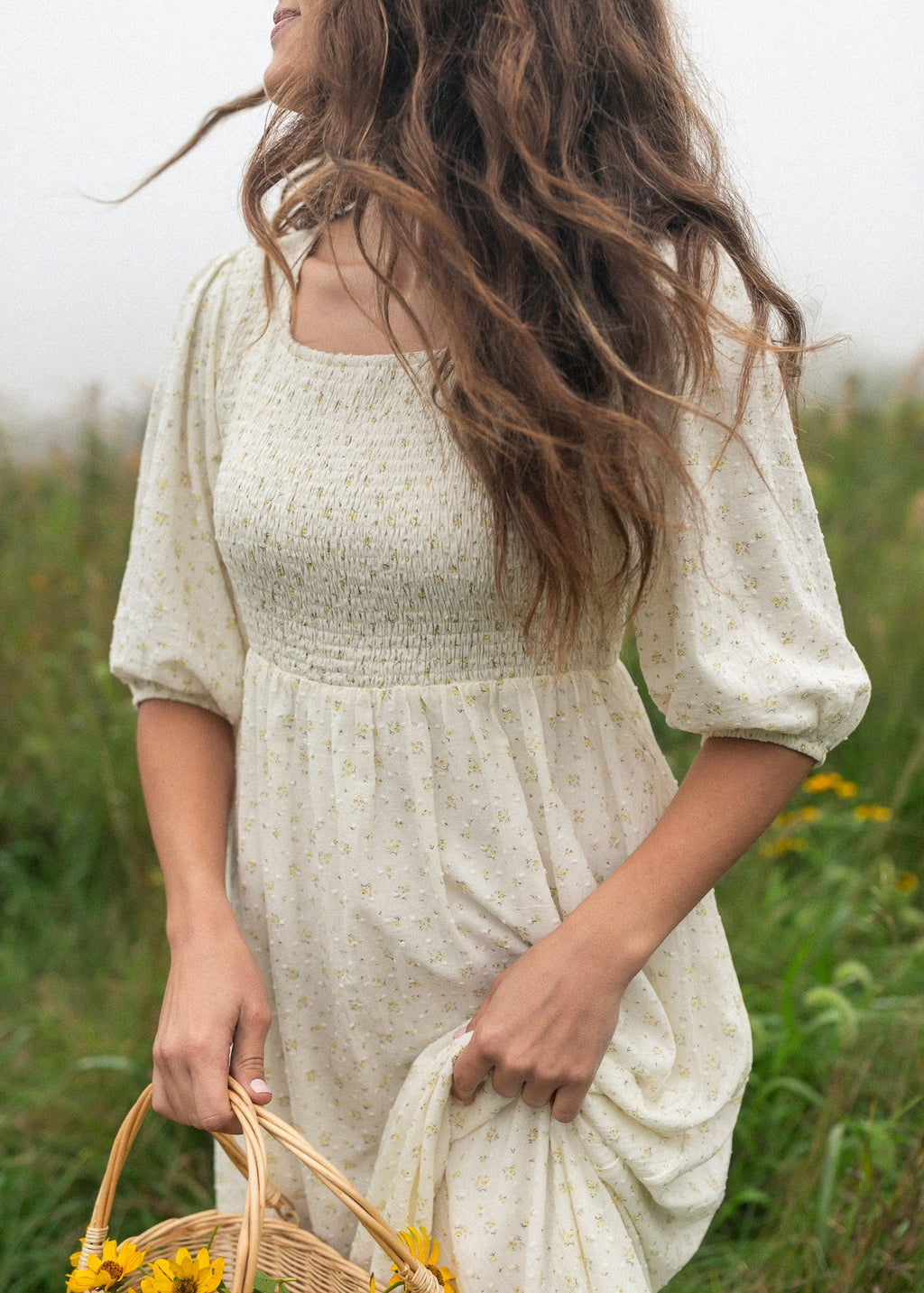 Kayleen Ivory Floral Smocked Bodice Maxi Dress